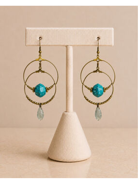 Boho Turquoise Double Hoop Dangle Earrings | Gold Tone Wire Wrapped Beaded State